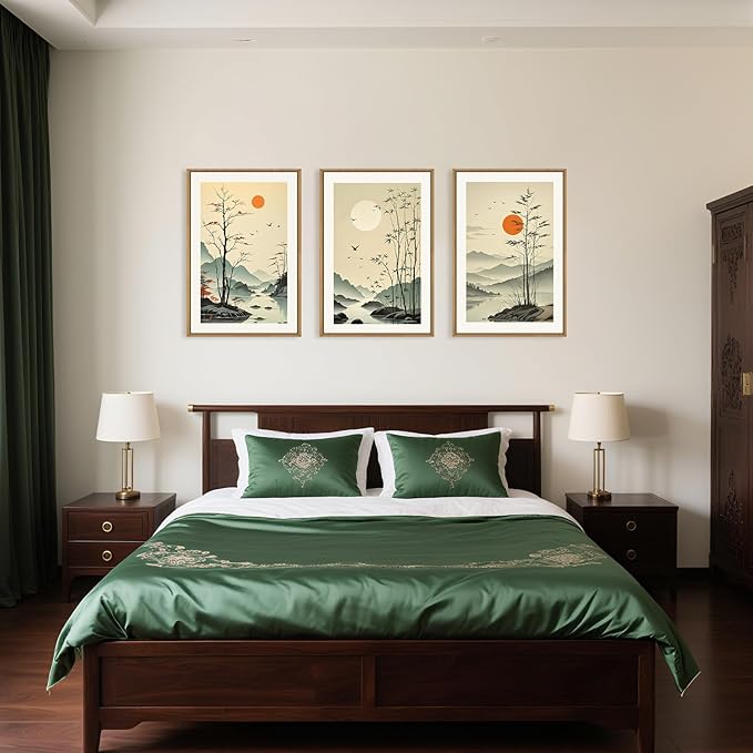 Chinoiserie Bamboo Forest Framed Canvas Wall Art Set, Nature Tree Lakes Wall Decor, Minimalist Zen Landscape Wall Painting, Watercolor Art Prints for Living Room, Bedroom, Office 16"X24"X3