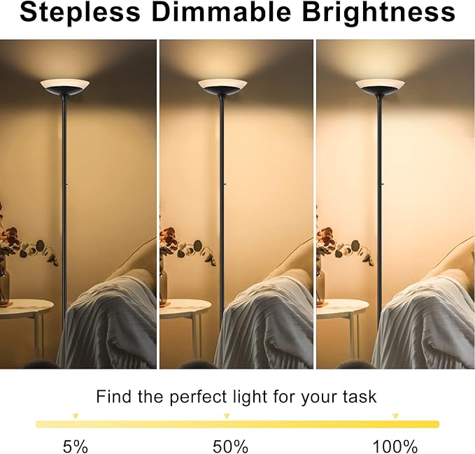 BoostArea Torchiere Floor Lamp, 30W Super Bright LED Standing Lamp, Stepless Dimmable Pole Lamp with 3000K Lighting, Rotary Switch, 70 Inch Tall Metal Modern Floor Lamps for Living Room/Bedroom Black