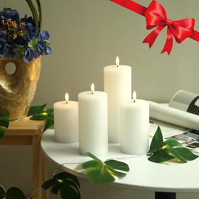 LUSHABOR Flameless Candles, 4 Pack Battery Operated Candles with Remote, Real Wax LED Fake Candles with Timer Flickering for Christmas Wedding Home Party D3 H 5" 6" 7" 9" White