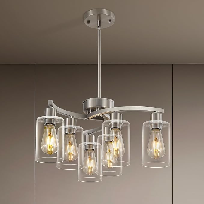 6 Light Modern Brushed Nickel Pendant Light Fixture For Dining Room，Contemporary Kitchen Light Fixtures Brushed Nickel，Adjustable Height Farmhouse Dining Chandeliers Over Table，With Glass Shade