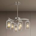 6 Light Modern Brushed Nickel Pendant Light Fixture For Dining Room，Contemporary Kitchen Light Fixtures Brushed Nickel，Adjustable Height Farmhouse Dining Chandeliers Over Table，With Glass Shade