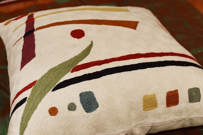 Kandinsky Contemporary Throw Pillow Cover - Cream | Modern Pillow Cases | Abstract Throw Pillows | Modern Boho Pillow | Abstract Chair Cushions | Hand Embroidered Cushion | Wool Size 18x18