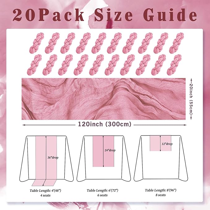 20 Pack Dusty Rose 10FT Cheesecloth Table Runner 20 x 120 Inch Long Rustic Gauze Fabric Cheese Cloth Table Runner for Wedding Bridal Baby Shower Table Decorations Boho Sheer Birthday Party Table Decor