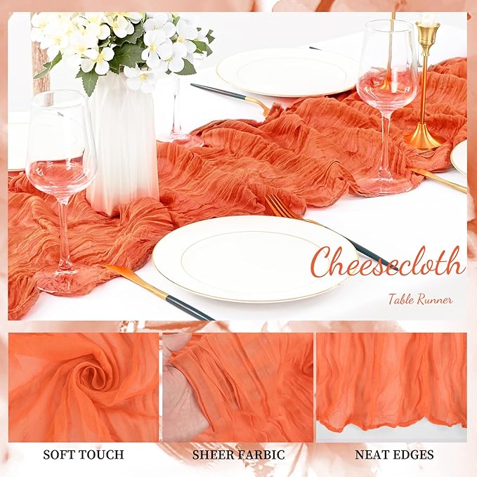 Orange Cheesecloth Table Runner 20 Pack 10FT Boho Fabric Rustic Cheese Cloth Table Runner for Wedding 20 x 120 Inch Long Bridal Shower Baby Shower Gauze Sheer Birthday Party Table Decorations