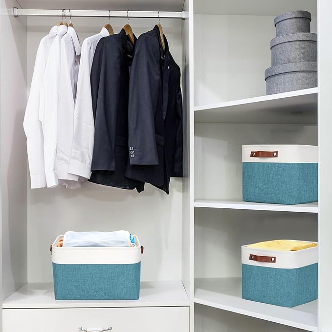 Storage Bins Large Fabric Storage Baskets for Shelves 3 Pack, Decorative Linen Closet Baskets with Handles for Organizing, Shelf, Clothes, Home, Office, 15x11x9.5Inches (Teal&White)