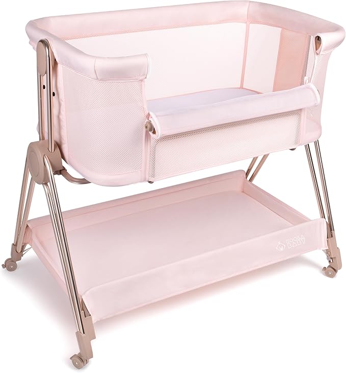 Baby Bedside Sleeper - Bassinet & Bedside Crib with Height Adjustment & Wheels - Can Be Placed Next to Bed - Attaches to Parents Bed - Easy to Fold & Carry Bassinet for Girls (Pink)