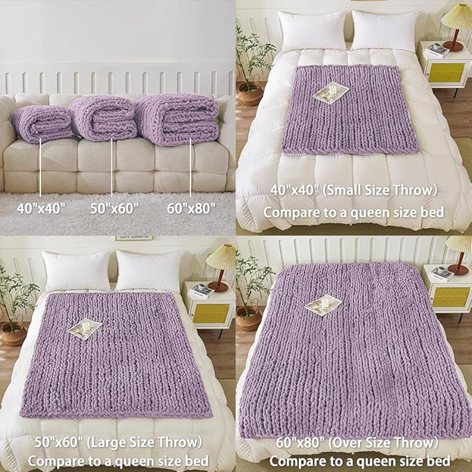 WESHIONGOO Chunky Knit Blanket Throw 50"×60" Knitted Throw Blankets for Couch Bed Fluffy Soft Blanket with Jumbo Chenille Yarn Thick 100% Handmade(Lilac)
