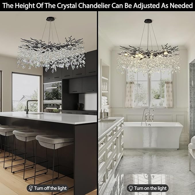Modern Black Crystal Tree Branch Chandelier,14-Light 40" Black K9 Crystal Chandeliers for Living Room, Round Chandelier for Dining Room,High Ceiling,Kitchen Island,Foyer,Staircase