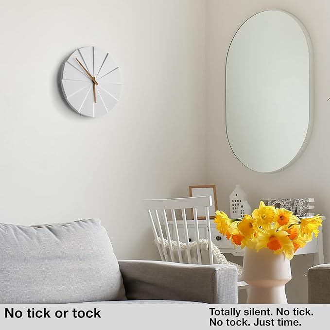 Driini Staircase Modern Wall Clock - Unique 10.5 in. Frameless Concrete Design - Contemporary, Minimalist Decor; No Numbers - Silent Battery Operated Clocks with Decorative Wooden Hands; White