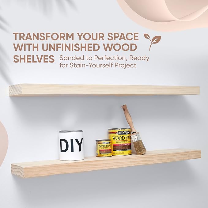 Homeforia 36 inch Wood Floating Shelves, High End Solid Natural Wood 36inch Large Floating Shelf Bathroom, Unfinished Wooden Floating Shelves for Wall, Heavy Duty Bracket, 36 X 6.5 X 1.75 in, Set of 2
