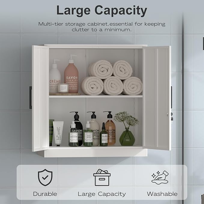 Wall Cabinet,Lockable Storage Cabinets with Adjustable Shelf,Locking Wall Storage Cabinet with Doors for Laundry Room,Home Office,White