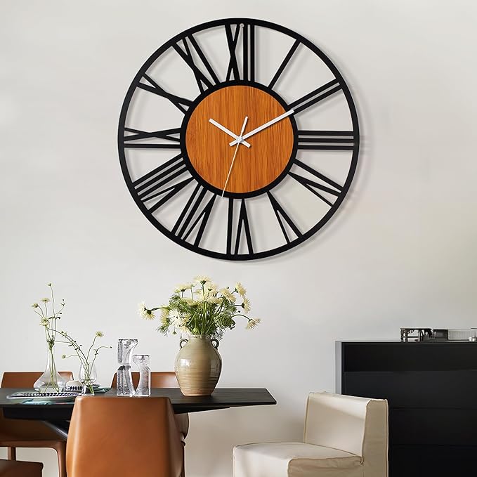 LEIKE 30" Oversized Large Wall Clocks,Silent,Non Ticking,Battery Operated Modern Round Big Wood Decorative Metal Wall Clock for Living Room, Bedroom,Kitchen,Farmhouse,Office Decor - Black,30 Inch