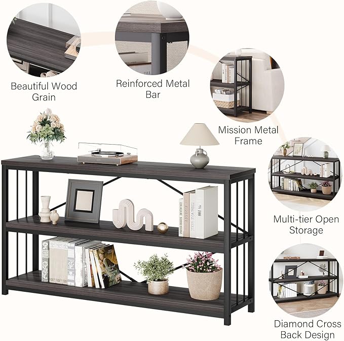 LVB Industrial Console Table, Metal and Wood Sofa Table, Rustic Entryway Table with Storage, Modern 3 Tier Shelf Long Foyer Tables Behind Couch for Home Living Room Hallway, Dark Gray Oak, 55 Inch
