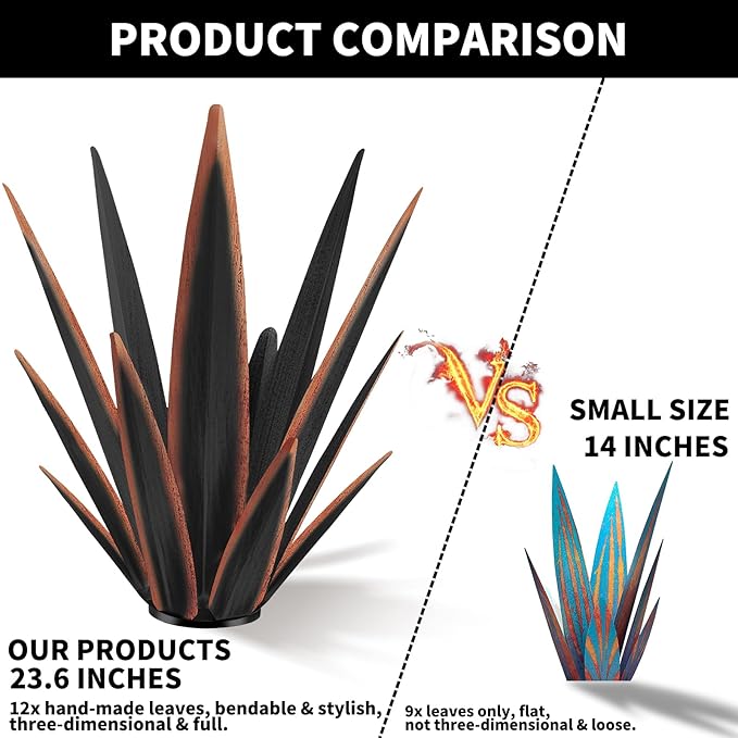 Large Tequila Rustic Sculpture, Rustic Metal Agave Plants for Outdoor Patio Yard, Home Decor Hand Painted Metal Agave Garden Yard Statue, Outdoor Lawn Ornaments Yard Stakes (Black -L)