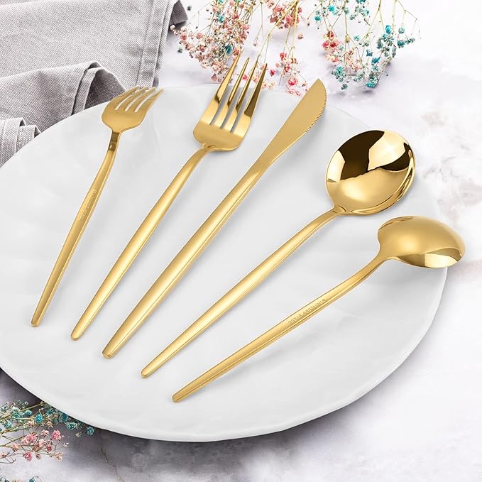 Gold Silverware Set, KassKa 40 Pieces Flatware Cutlery Set, Stainless Steel Utensils Set Spoon Fork Knives Set for Home Restaurant and Kitchen, Mirror Polished Finished, Service for 8