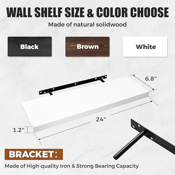 24"x6.8"x1.2" Solid Wood Floating Shelves 2-Pack - Rustic White Finish with Hidden Brackets, Perfect for Storage and Décor in Living Room, Kitchen, Bedroom