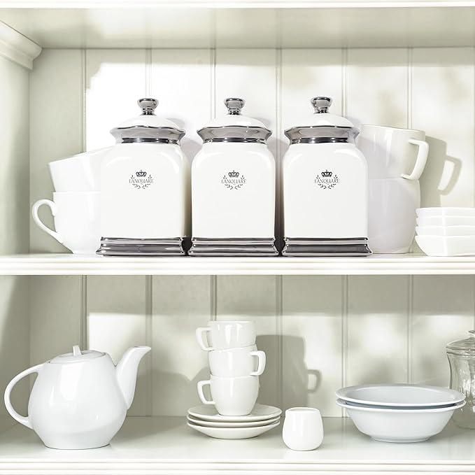 fanquare 30 OZ Cookie Jar, White Kitchen Canisters Set of 3, Farmhouse Porcelain Decorative Jars for Countertop, Ceramic Storage Jar for Coffee, Sugar, Tea Bag