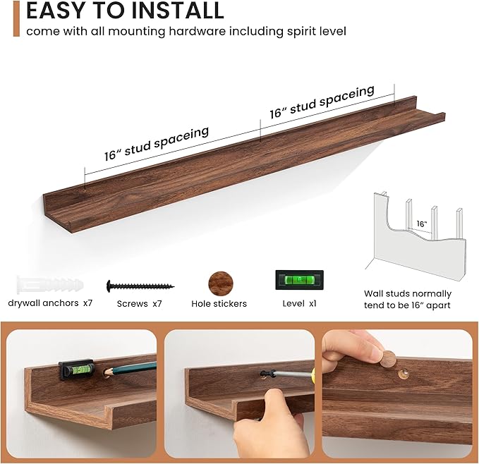 Fun Memories Picture Ledge Shelves Set of 2, 24 Inch Rustic Wall Mounted Floating Shelves with Lip for Home Storage and Décor in Bathroom, Kitchen, Nursery, Bedroom, Living Room, Walnut