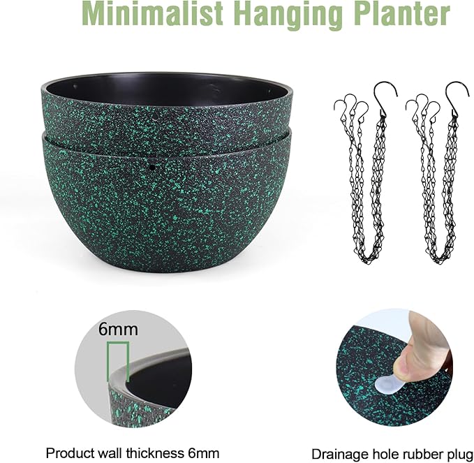 12 inch Large Hanging Planters for Indoor Outdoor Plants, 2 Pack Hanging Flower Pots with Drainage Holes and Chain, Plastic Hanging Baskets for House Plants, Black with Green Speckles