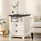18" Farmhouse Night Stands Set of 2 with Charging Station, 2 & 3 Drawers End Table Dresser for Bedroom, White Wooden Nightstand, Bed Side Table with Open Shelf, Bedside Cabinet for Living Room