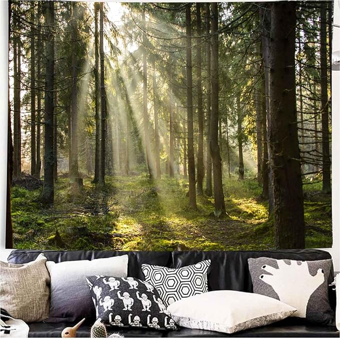 Onivein Forest Tapestry Nature Sunlight Streaming Through Green Trees Wall Hanging for Bedroom Living Room Office Decor 90 x 70 Inches