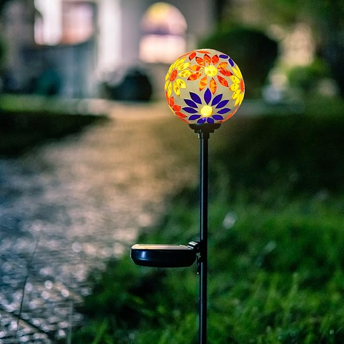 Afirst Solar Lights Outdoor Decorative - Solar Gazing Ball Mosaic Garden Stakes Flower Decorative Lights Waterproof for Pathway Yard Lawn Decoration Orange