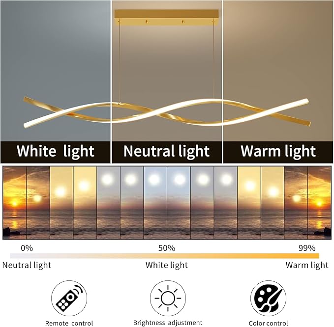 Modern Ceiling Pendant Light, with Remote Control Dimmable 3 Color Mode & Brightness Ceiling Lamp, Anti-Flicker Dining Light Fixture for Kitchen, Dining Room (Gold, 39IN)