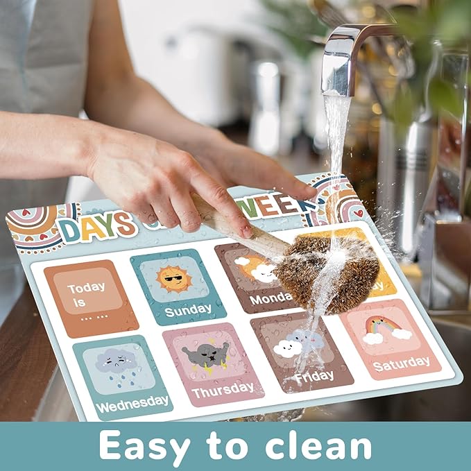 Educational Preschool Kids Placemats Set of 6 Boho Toddler Montessori Plastic Table Mats Non Slip Reusable Kids Place Mats Washable Table Decoration for Indoor Outdoor Party Kitchen Dining