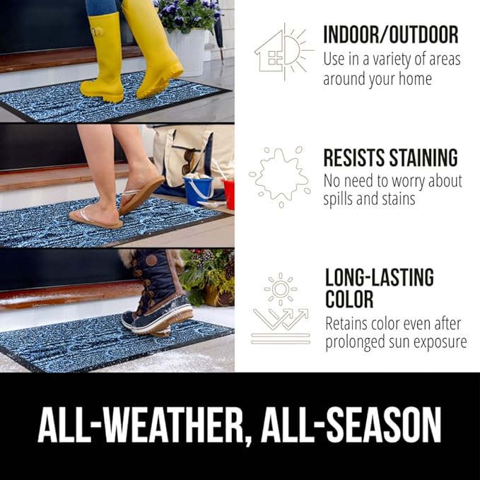 GORILLA GRIP 100% Waterproof All-Season WeatherMax Doormat, US Designed Natural Rubber, Stain and Fade Resistant, Low Profile Indoor Outdoor Door Mats, Easy Clean Patio Mat, 17x29, Ocean Blue Waves