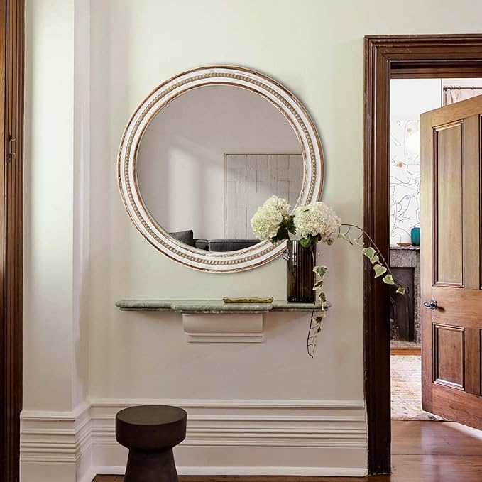 24 Inch Round Mirror - Distressed Vintage Farmhouse Mirror for Bathroom Wall, Living Room, Bedroom & Entryway, Handmade Wood Frame