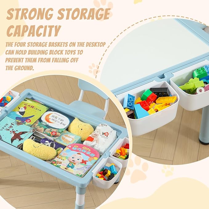 Multi Functional Kids Table and 2 Chairs Set, Graffiti & Building Blocks Double-Sided Tabletop, Toddler Play Table with Drawers, Large Storage Space, Gift for Boys/Girls, Blue