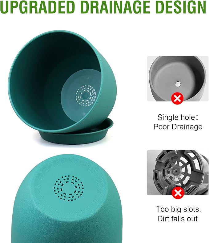 9/8/7.5 inch Flower Pots, 3 Pack Modern Plastic Planters with Drainage Holes and Trays for House Plants, Plant Pots for Indoor Outdoor Plants, Blue Green