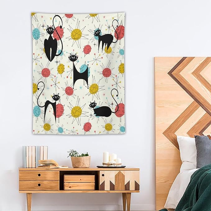 ICMOLYYENLO Abstract Cat Tapestry, Medieval Abstract Atomic Star Cat Vintage Home Wall Hanging Art Tapestry for Bedroom Living Room Dormitory 50x60 Inch