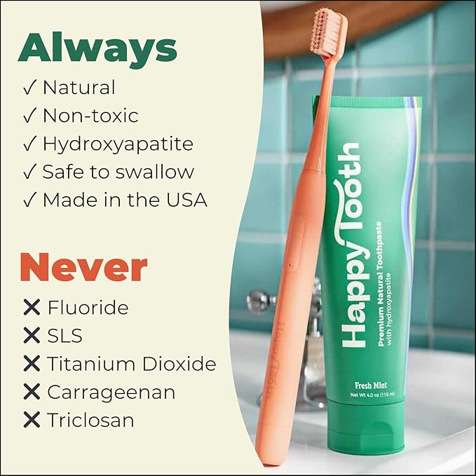 Happy Tooth Hydroxyapatite Toothpaste, Fluoride Free, Natural Whitening for Kids, Toddlers and Adults, SLS Free, Enamel Safe, Dentist Formulated with Clean Ingredients, Fresh Mint Flavor, 3.4oz