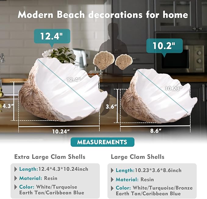 Extra Large Clam Shells Decorative Bowl Earth Tan Sea Shells Decorative Storage Bowls for Coastal Beach theme house table centerpiece decorations & Nautical decorations for coffee table -12.4"-1PC