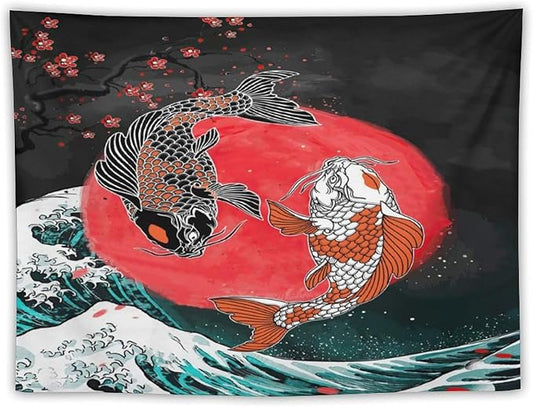 Houselerax Koi Fish Tapestries,Japanese Style Yin Yang Big Wave Cherry Blossoms Tapestry Wall Hanging for Bedroom Living Room Office Decor 40"x30"