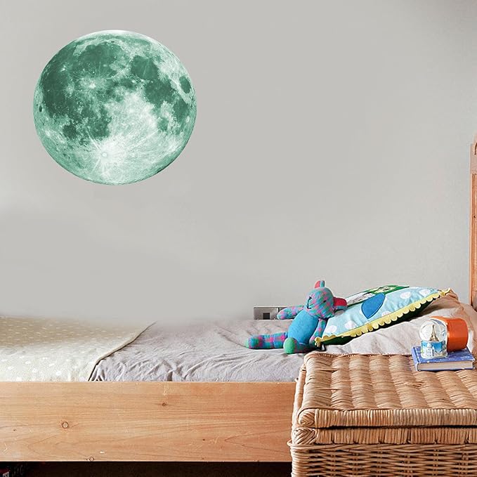 Quanhaigou Glow in The Dark Wall or Ceiling Moon Stickers – Green Luminous Big Moon Wall Stickers DIY Decor for Kid Room