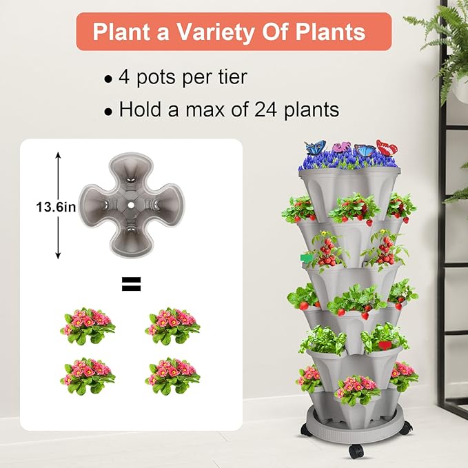 Vertical Planter, 6 Tier Stackable Strawberry Planter with Garden Tool Set, Movable Indoor/Outdoor Garden Herb Pot for Growing Vegetables and Succulents, Gray