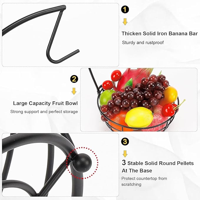 Livabber Countertop Fruit Basket Bowl with Banana Hanger, Modern Standing Fruit Vegetable Bowl Storage, with Banana Tree Holder for Kitchen Dinning Table (Round Metal, Black)