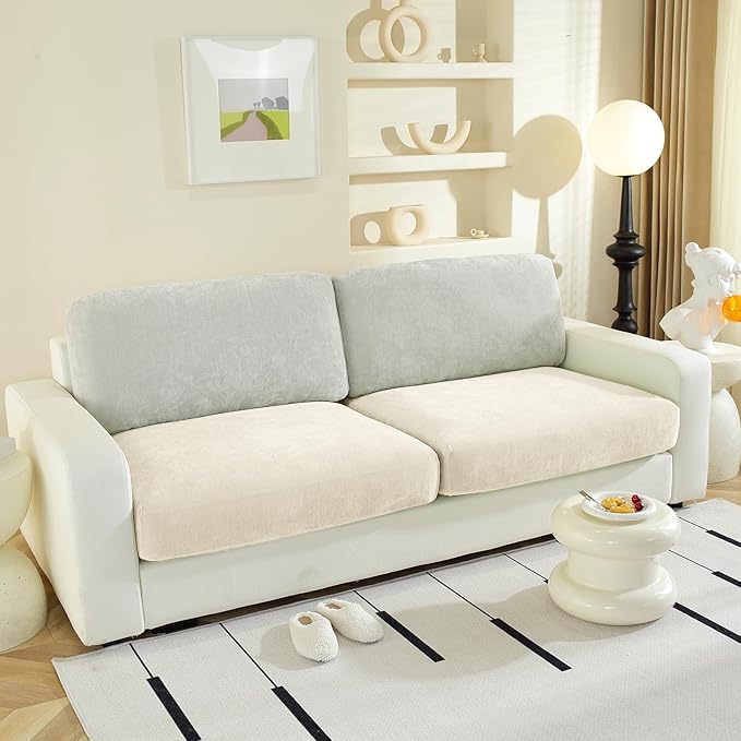 Individual Couch Cushion Covers, Stretch Sectional Couch Covers for L Shaped Sofa, Softer Chenille Sofa Covers for 2 Couch Cushions, Non-Slip Seat Slipcover Protector (2 Piece, Beige)