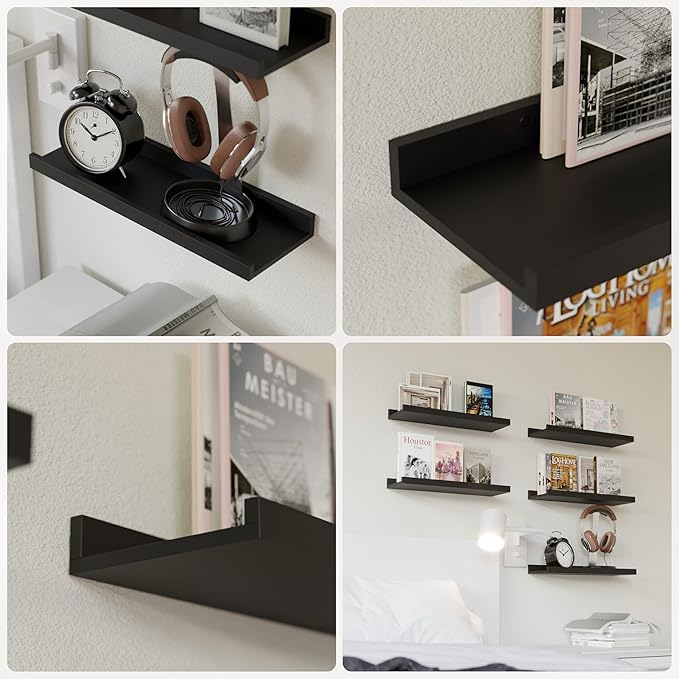 RICHER HOUSE 5 Set Floating Wall Mounted Shelves, Black Shelves for Wall Decor, Modern Picture Ledge Shelf with Lip for Storage, Nursery, Bedroom, Living Room, Bathroom - Black
