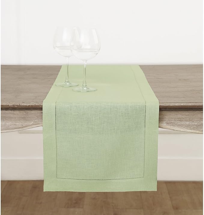 Solino Home Linen Table Runner 60 Inches - 100% Pure Linen Sage Green Hemstitch Table Runner 14 x 60 Inch Ideal for Dresser and Coffee Tables - Fall, Autumn, Thanksgiving - Classic Hemstitch