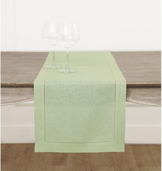 Solino Home Linen Sage Green Table Runner 90 Inches Long - 100% Pure Linen Hemstitch 14 x 90 Inch Table Runner for Dining, Fall, Autumn, Thanksgiving - Classic Hemstitch