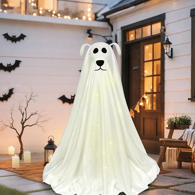DAZONGE Halloween Decorations, Light-Up Freestanding Spooky Ghost Dog with Remote String Lights Battery Operated, Halloween Ghost Dog for Front Door Porch Yard Lawn Home Party