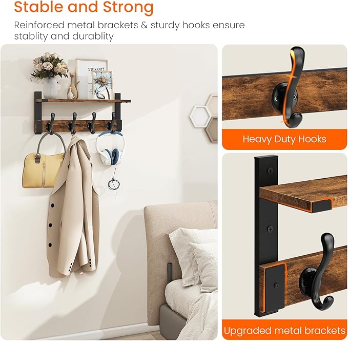Homode Coat Rack Wall Mount with Shelf, Wood Wall Hooks with Shelf, Heavy Duty Entryway Shelf with Hooks with 4 Metal Hangers for Hanging Key Towel Hat Purse, Bathroom Bedroom, Rustic Brown Black