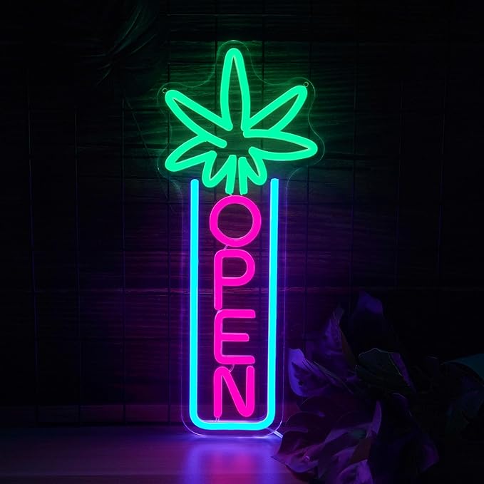 Green Leaf Neon Sign Dimmable Open Neon Lights for Wall Decor LED Neon Sign by USB Powered LED Neon Open Sign For Dispensary Beer Bar Man Cave Coffee Store Hotel Wall Party Decorations 16.8''x7''