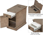 Traditional Wood End Table with Charging Station, Modern Vintage Sofa Chair Side Table Nightstand with Storage & Drawer for Living Room Bedroom, No Assembly, Antique Brown