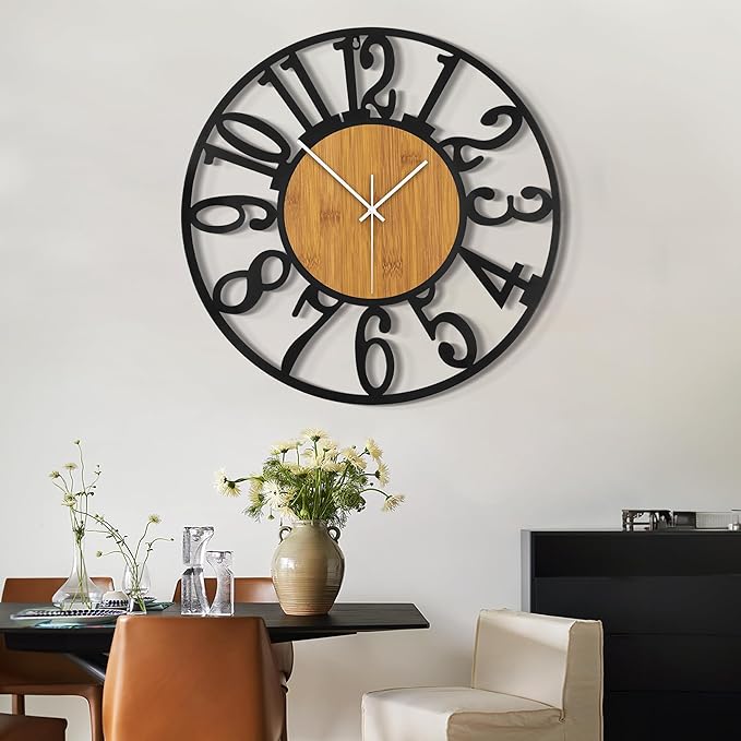 LEIKE 30" Oversized Large Wall Clocks,Silent,Non Ticking,Battery Operated Modern Round Big Wood Decorative Metal Wall Clock for Living Room, Bedroom,Kitchen,Farmhouse,Office Decor - Black,30 Inch