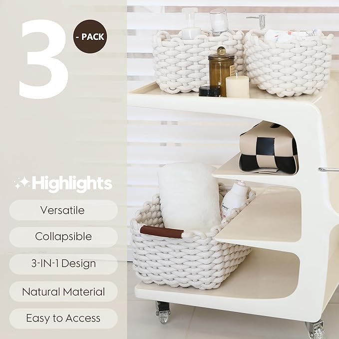 Sea Team 3-Pack Rectangle Woven Cotton Rope Storage Baskets with Handles, Shelf Basket, Closet Organizers, 3-in-1, White