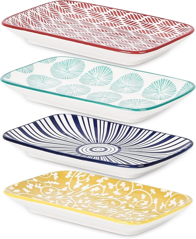 Selamica Ceramic Rectangular Salad Plates Set of 4, Small Serving Plates for Appetizers, Sushi, Fruit, Assorted Colors